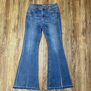 Grace In LA Jeans High Waist Front Seam Flare Raw Hem Slit Front Western Boho